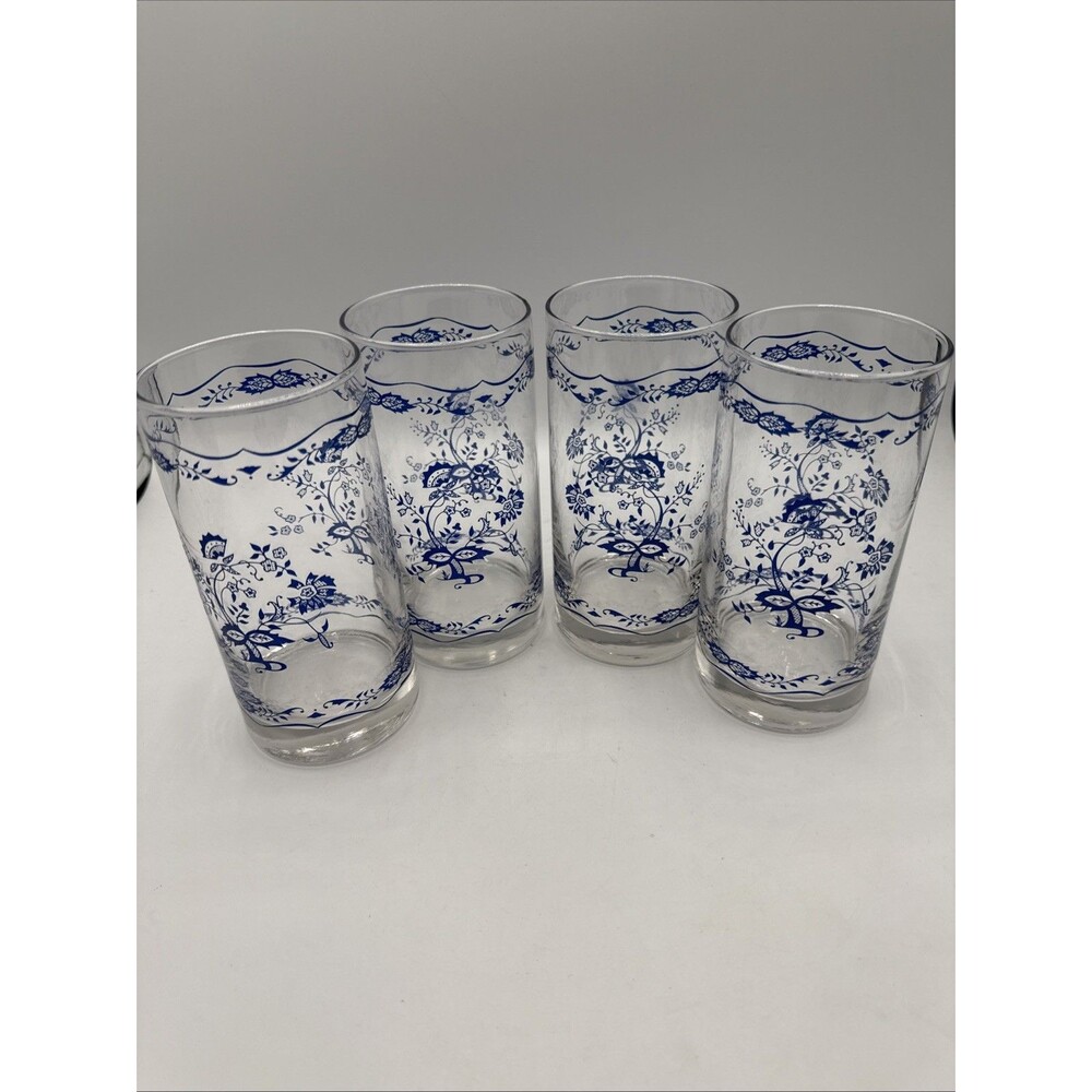 Vintage Libbey Corelle Blue Floral 1985 12 Oz Tumblers Set 4 Blue Onion Style